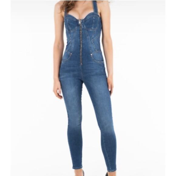 GUESS Denim Fitted Jumpsuit Blue Wash Small Western country - Picture 10 of 10